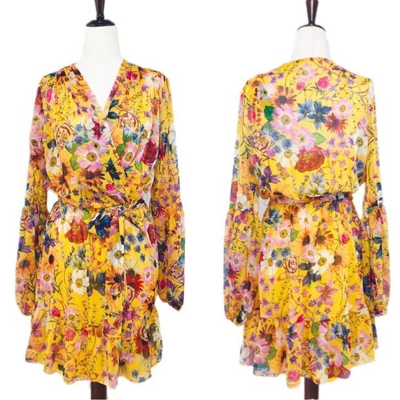 BETSEY & ADAM Yellow Floral Faux Wrap Mini Dress Long Sleeve Cocktail Size 4 New - Picture 2 of 14